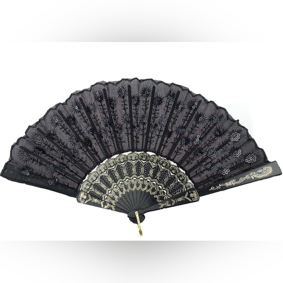 Pack of 6 - Elegantly Embroidered Handheld Fabric Fan with Sequins (Black) - Picture 1 of 14